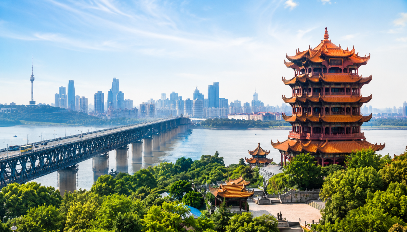 Yellow Crane Tower view over the Yangtze River in Wuhan