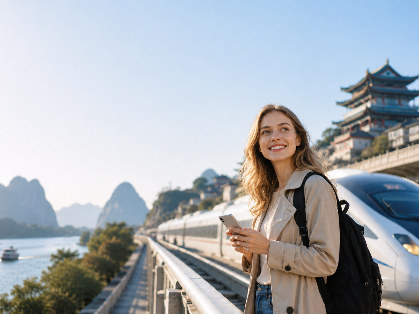 Traveler using phone in China