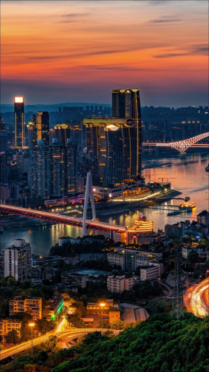 Chongqing river cityscape and bridges at dusk