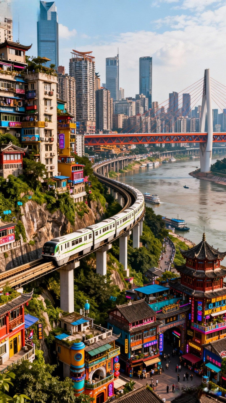Chongqing riverside monorail and mountain city skyline