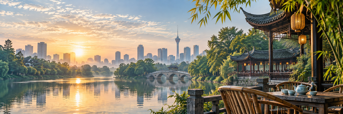 Chengdu tea house and skyline at sunrise