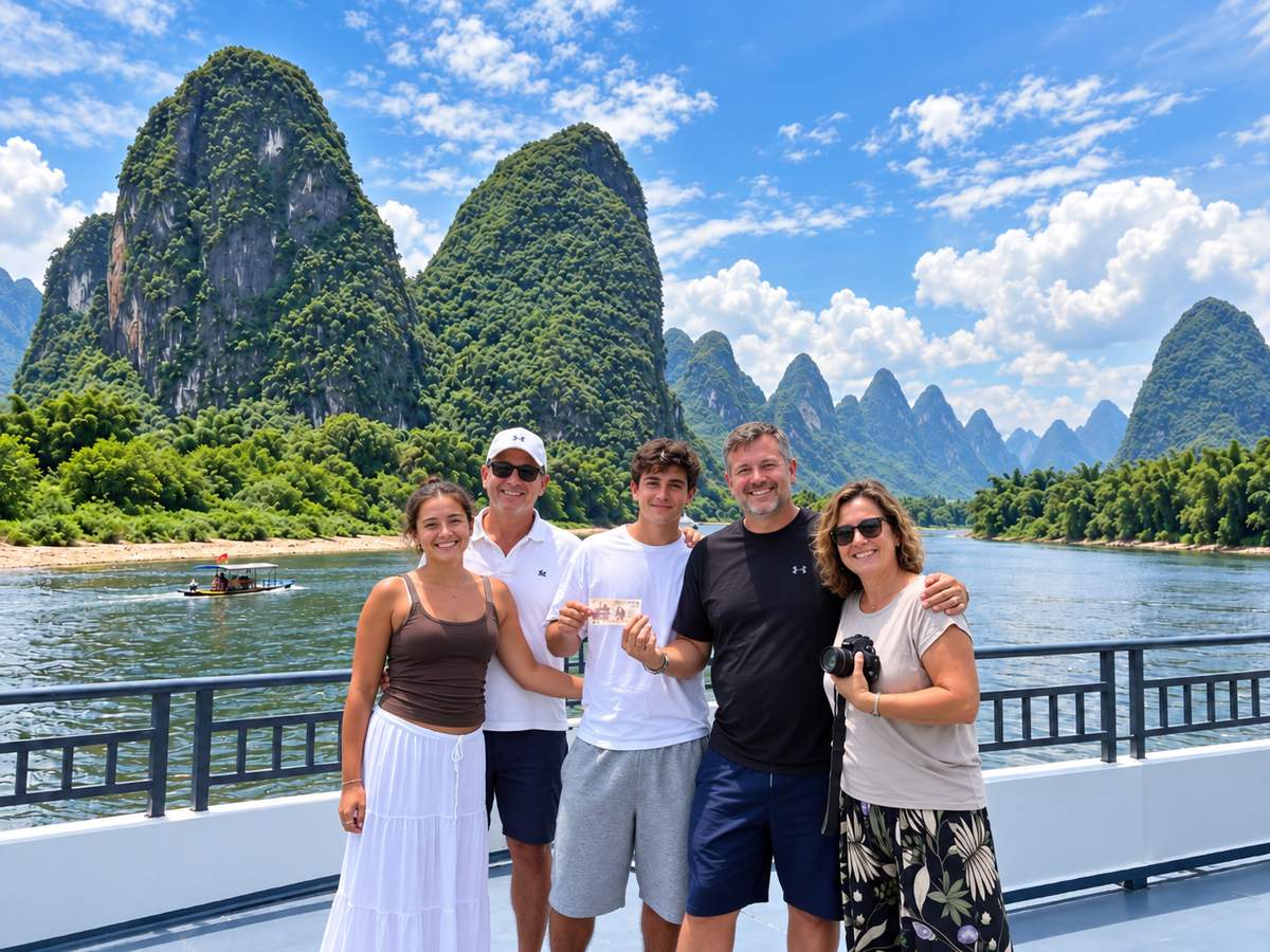 Travelers enjoying a Li River journey among Guilin's karst mountains