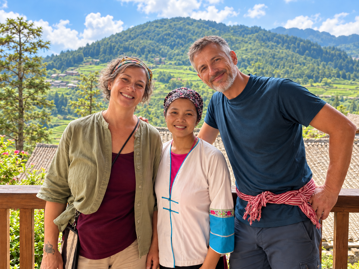 Travelers connecting with local culture in a Guangxi mountain village
