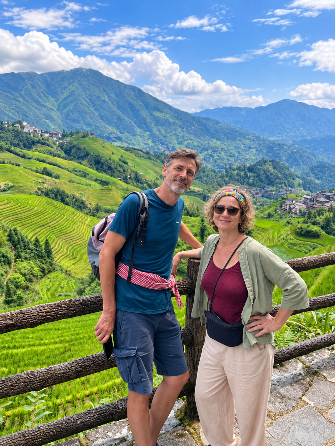 Travelers overlooking the Longji Rice Terraces in Guangxi